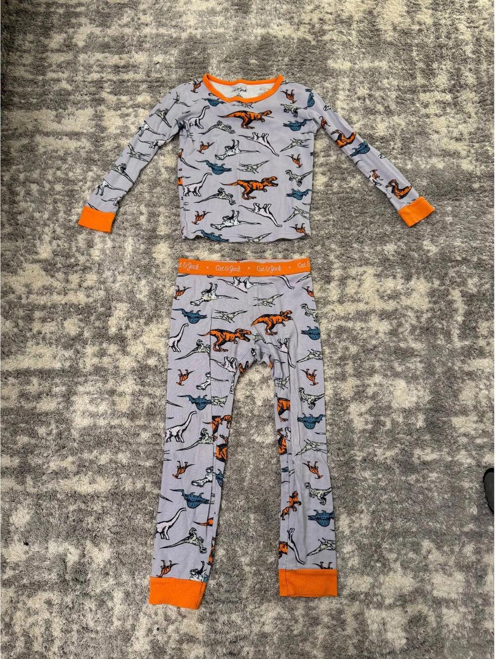 Cat & Jack Boys Pajama Set Size 8 Dinosaur Print Gray Orange 2 Piece Sleepwear